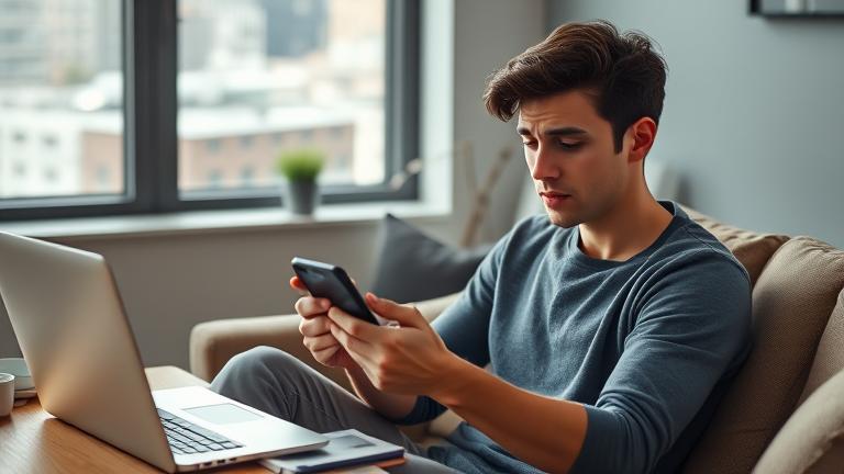 alt_text: Person contemplates deleting Tinder while looking at their phone, with a cozy, realistic background.