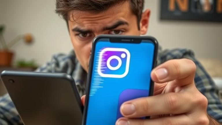 alt_text: Frustrated person looking at phone with glitching Instagram icon, symbolizing deletion issues.
