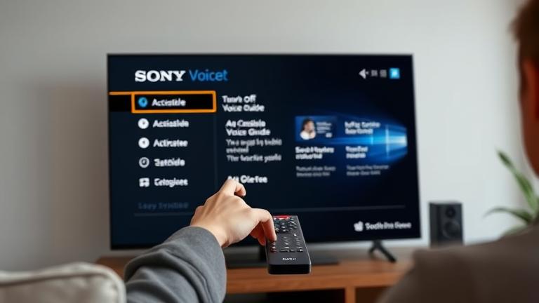 alt_text: Person disables voice guide on Sony TV with remote in modern living room.