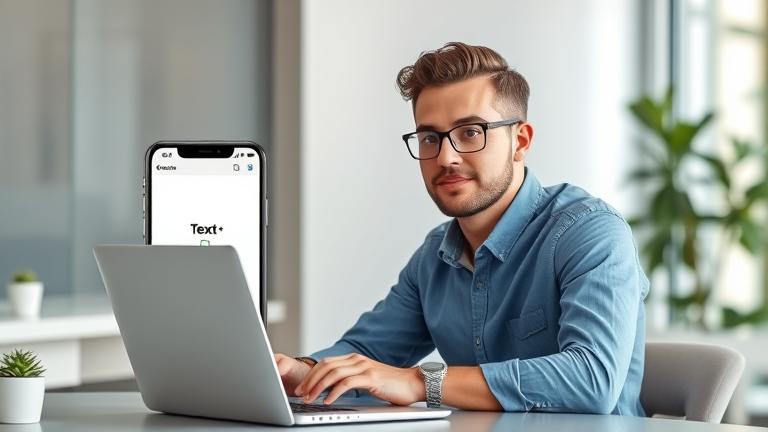 alt_text: Person at desk with laptop and tablet showing TextPlus app and delete icon in modern workspace.
