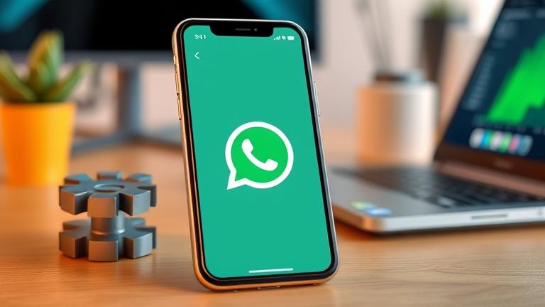 alt_text: Smartphone showing WhatsApp group recovery with gear icon, 'recovered' stamp in a modern workspace.