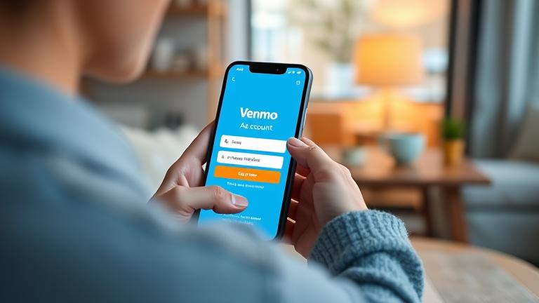 alt_text: Person using Venmo app on phone in cozy setting, with digital payment icons visible.