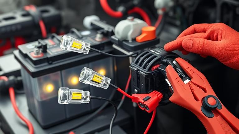 alt_text: Wiring 12V car lights to a battery with tools, safety gear, and clear connections.