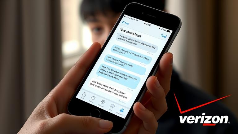 alt_text: Smartphone with messaging app, Verizon logo, hint of curiosity and privacy in a realistic setting.