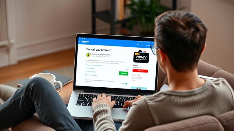 alt_text: Person cancels NowTV on device, cozy setting with coffee and notebook nearby.