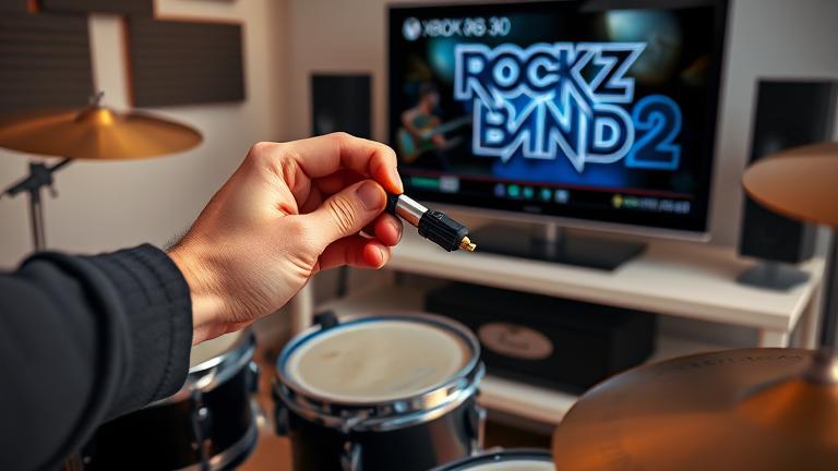 alt_text: Person connecting Rock Band 2 drums to Xbox 360; console and gameplay on TV.