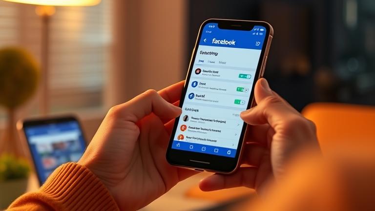 alt_text: Person using Jio phone to delete Facebook account, with settings visible, in a modern, warm-toned scene.