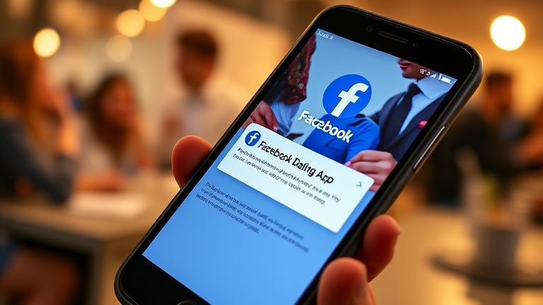 alt_text: Facebook Dating app on phone shows unavailable; user looks puzzled in a social setting.