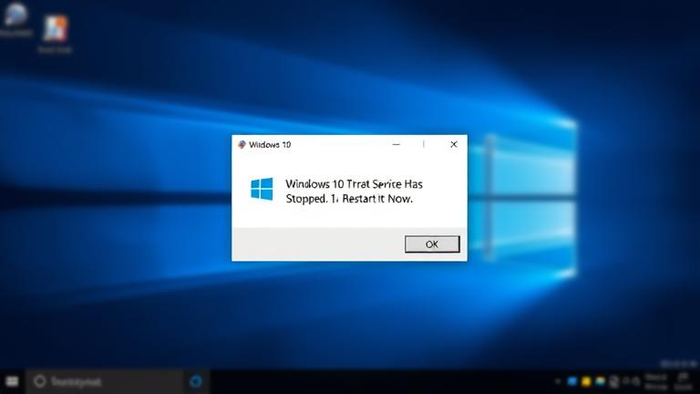 alt_text: Windows 10 alert: threat service stopped, with warning icon and restart prompt.