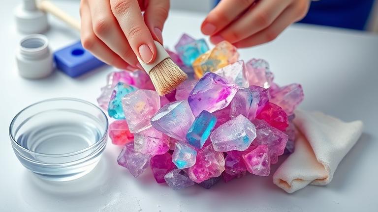 alt_text: Hands gently cleaning colorful fluorite crystals in a tidy workspace with water and tools.