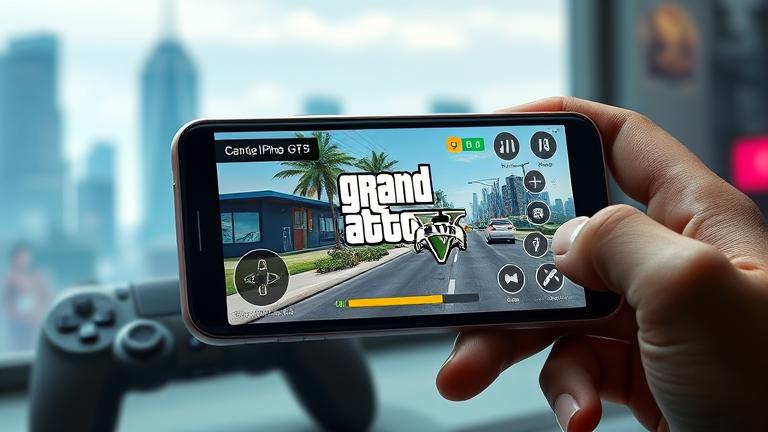 alt_text: Realistic iPhone displaying GTA 5 with cityscape background and gaming elements.