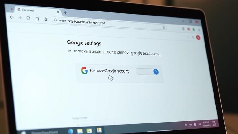 alt_text: Close-up of Chrome settings showing account removal with cursor, modern digital icons.