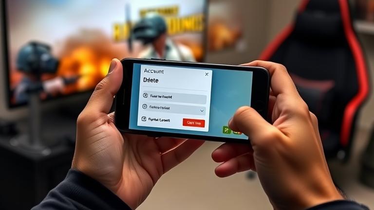 alt_text: Person holding phone with PUBG account settings, gaming background hints at account management.