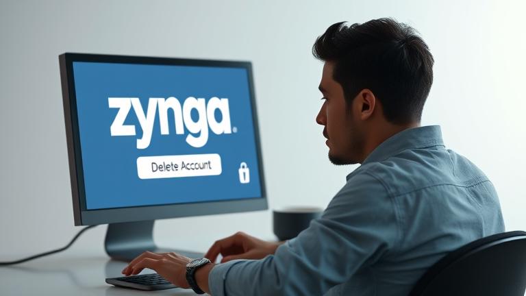alt_text: Person at laptop with Zynga logo, contemplating account deletion on screen.