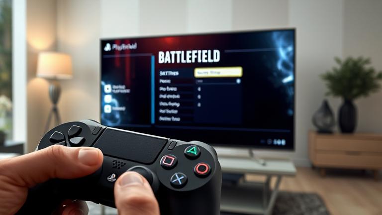 alt_text: PS4 with controller, showing Battlefield 2042 settings on a TV, customizing display options.