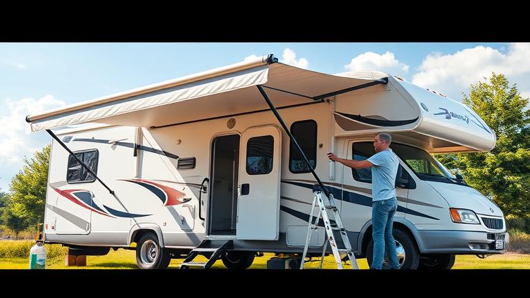 alt_text: Person cleaning RV awning outdoors on a sunny day with cleaning tools and lush surroundings.