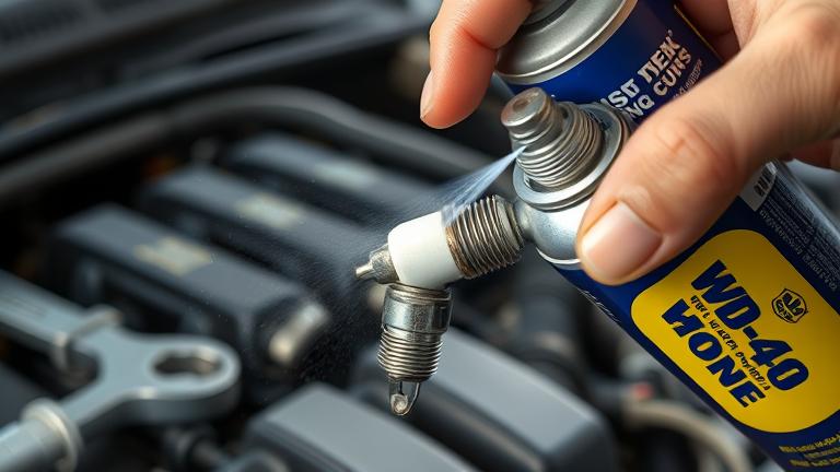 alt_text: Mechanic sprays WD-40 on spark plug with tools nearby, engine blurred in background.