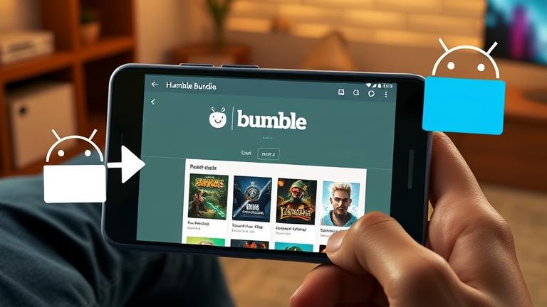 alt_text: Person installing Humble Bundle Android games on phone in a cozy home setting.