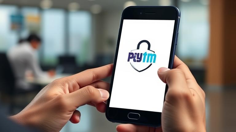 alt_text: Person uses Paytm app on phone with security icons, highlighting privacy and data removal.