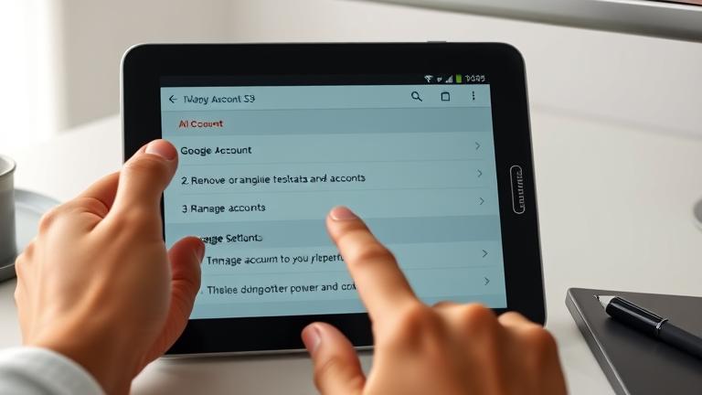 alt_text: Samsung Galaxy S3 tablet on desk, with hand managing Google account settings.