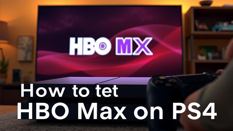 PS4 with HBO Max on screen, remote nearby, cozy home setup, "How to Get HBO Max on PS4."