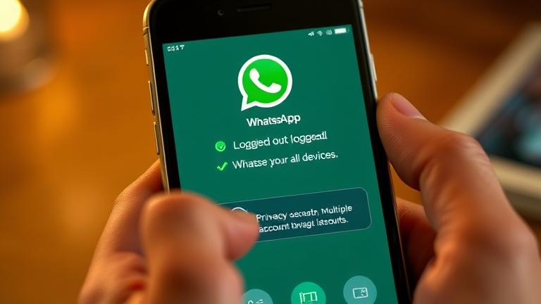 alt_text: Smartphone with WhatsApp logged out message, showcasing privacy, multiple devices, warm lighting.