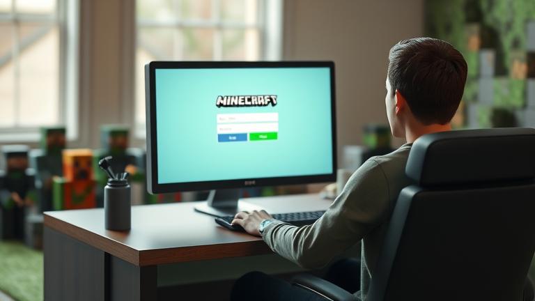 alt_text: Person at desk with Minecraft login page, surrounded by pixelated elements, conveying hope.
