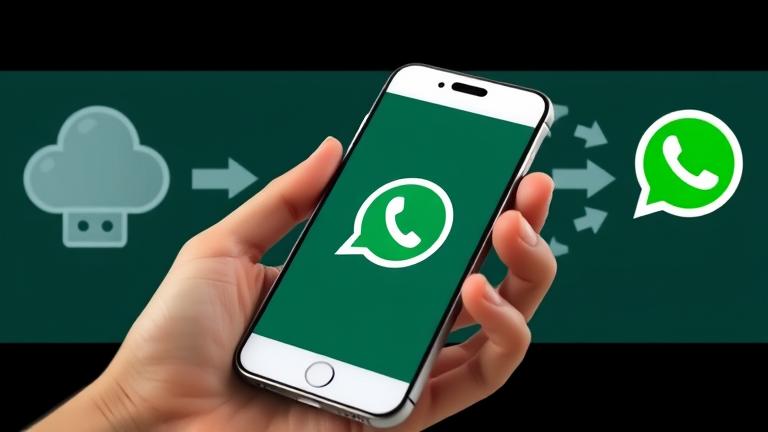 alt_text: Person holding a smartphone with WhatsApp icon, showing data transfer from backup to new device.