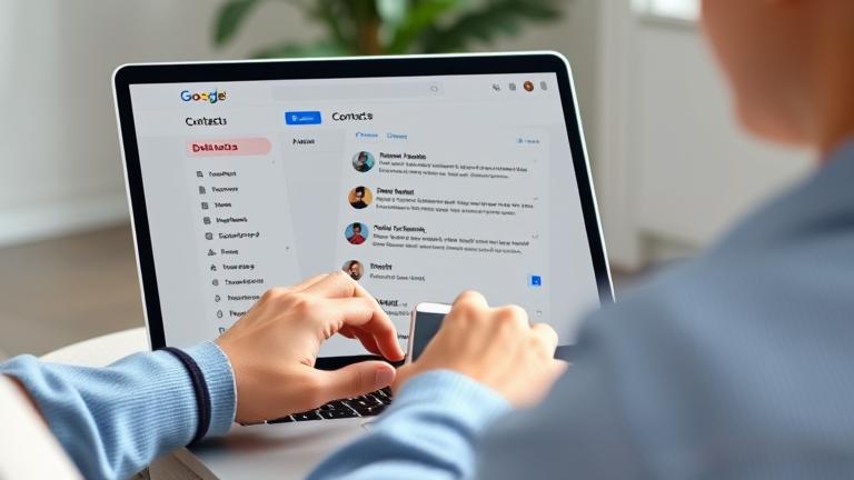 alt_text: Person managing Gmail contacts on laptop, highlighting delete option in a clean setting.