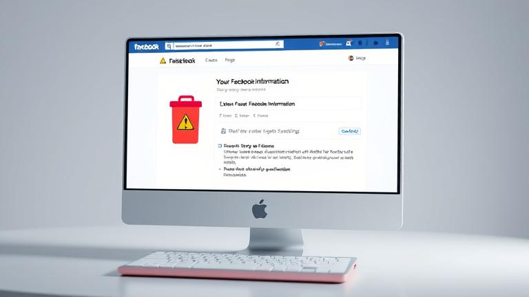 alt_text: Facebook settings on screen with delete warning and trash bin icon, emphasizing data privacy.
