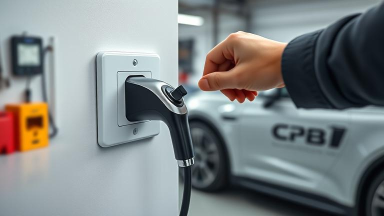 alt_text: Hands plug a car charger into a wall socket in a modern garage with car and tools.