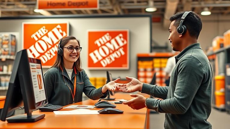 alt_text: Friendly rep helps homeowner with account access at Home Depot, warm, welcoming scene.