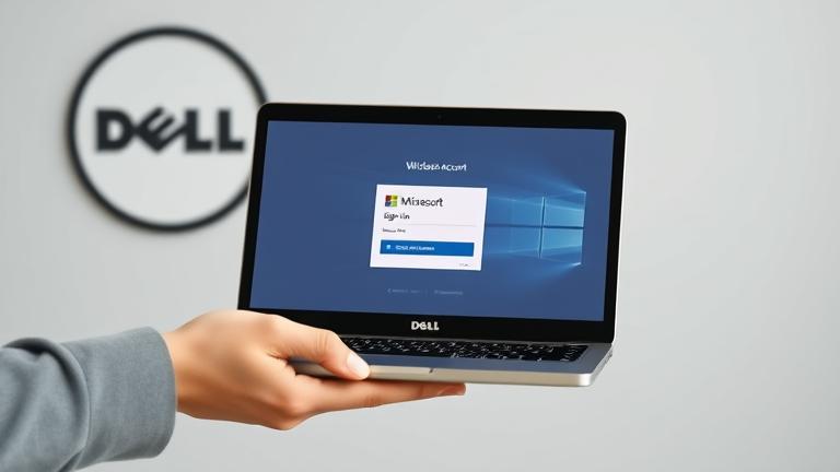 alt_text: Person with Dell laptop on Windows login, guiding on changing Microsoft account.