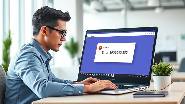 alt_text: Professional troubleshooting Teams error 80090030 in a modern office with concerned expression.