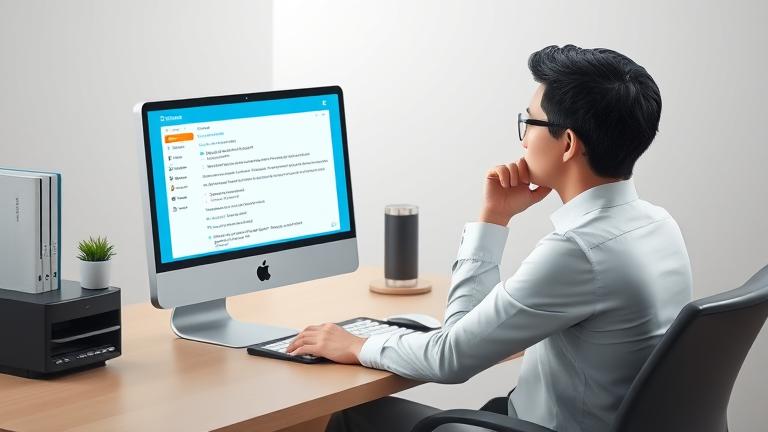 alt_text: Person at desk views email inbox with recovery icons, hinting at email account recovery.