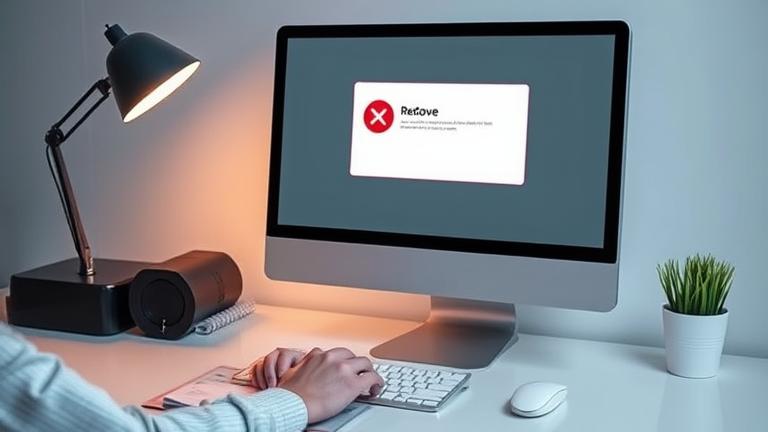 alt_text: Modern desk with hands removing an error message from a computer screen.