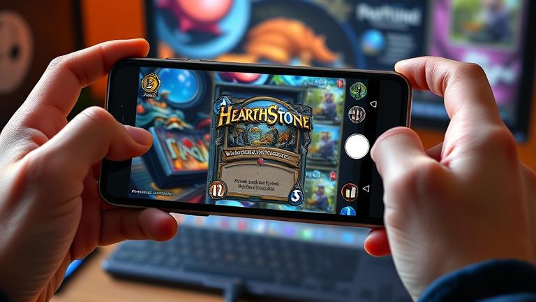 alt_text: Person screenshots Hearthstone on phone using buttons, with gaming setup in background.