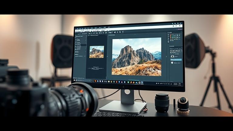 alt_text: Professional editing scene showing Photoshop noise reduction with camera, tablet, and monitor.