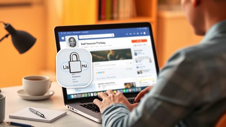 alt_text: Person at desk viewing Facebook with hidden secret link, highlighted with privacy icons.