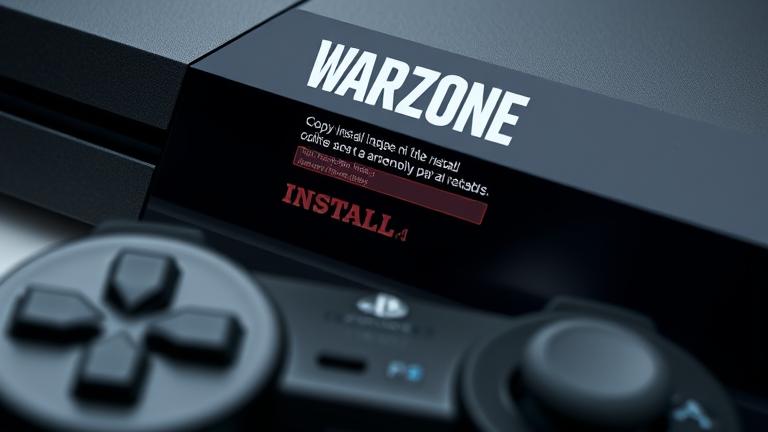 alt_text: PS4 screen installing Warzone add-ons, with controller, warning icon, and tech-themed colors.