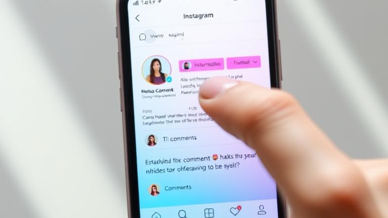 alt_text: Smartphone showing Instagram profile with comments open, finger near comments icon.