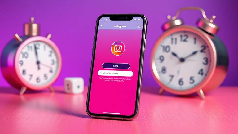 alt_text: Smartphone with Instagram deletion progress, clock and calendar highlight time passage, vibrant colors.