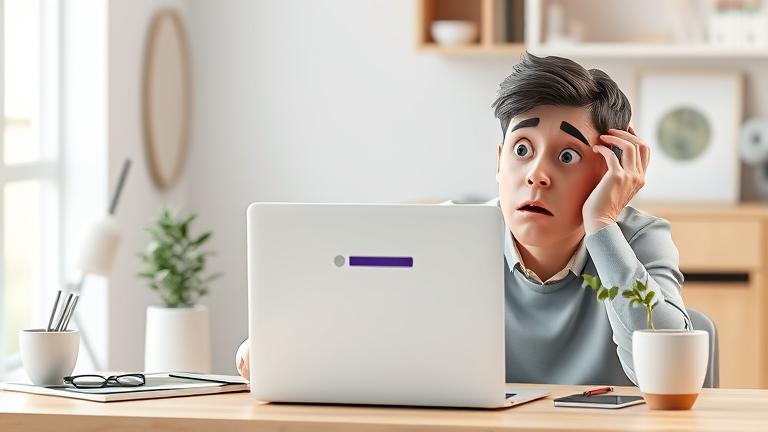 alt_text: Frustrated user with MacBook stuck on Teams loading screen in a modern workspace.
