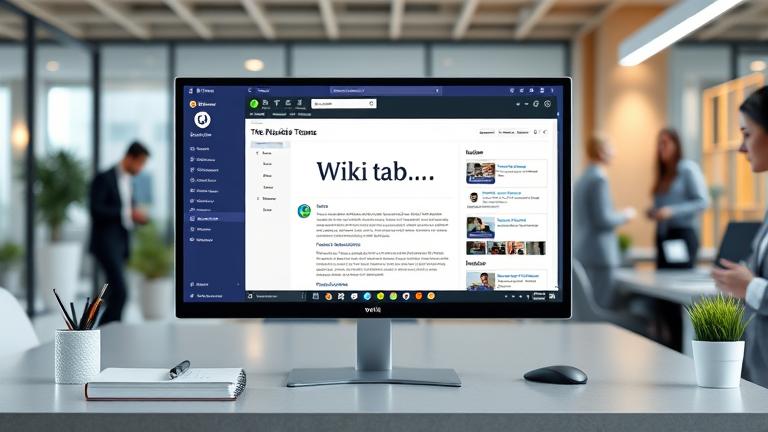 alt_text: Modern office with Teams displaying Wiki tab, highlighting collaboration and knowledge sharing.