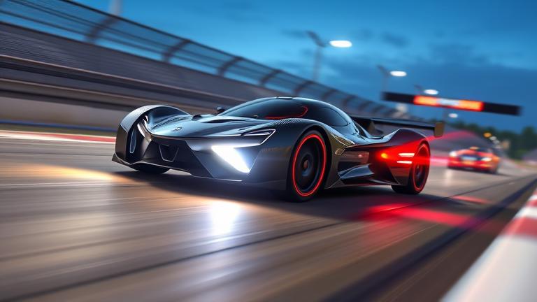 alt_text: Realistic RC electric car racing at high speed with vivid visuals and performance details.