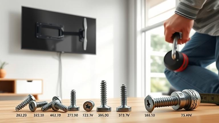 alt_text: Person installing TV wall mount with labeled screws, tools, and measuring tape in modern living room.