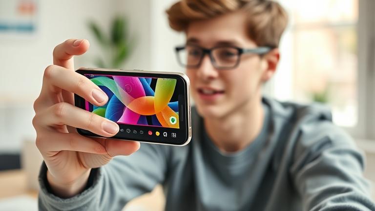 alt_text: Young creator editing a vibrant YouTube intro on iPhone in a modern workspace.