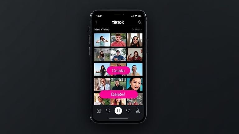 alt_text: Smartphone screen showing TikTok videos with delete option, vibrant colors, quick and easy.