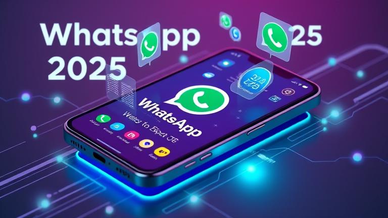 alt_text: Futuristic WhatsApp interface with holograms, AR icons, and a digital roadmap on a sleek phone.