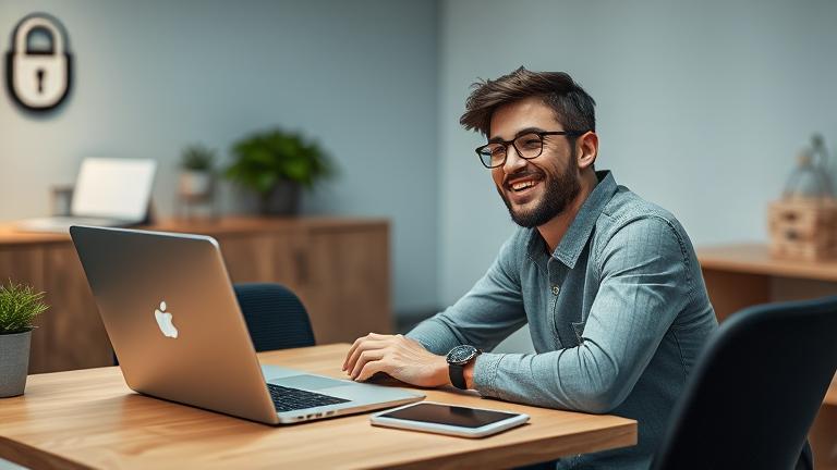 alt_text: Person at desk regains Gmail access, showing relief; secure, modern workspace.